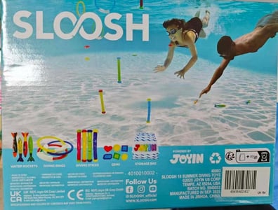 Recalled Sloosh Dive Sticks, Model 40003 (back of box)