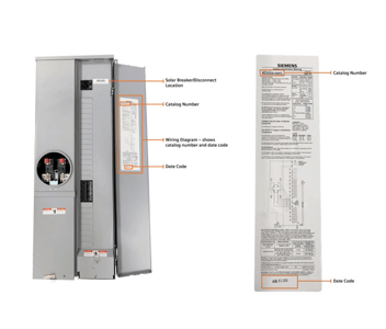 Recalled Siemens SolarReady Meter Combo and inside panel label
