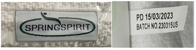 Spring Spirit is printed on a tag located on one side of the mattress, and batch number 230315US and the manufacture date are printed on another tag located on the opposite side of the mattress