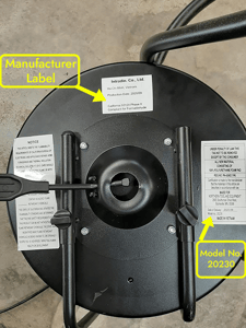 Manufacturer's name and model number labels located underneath recalled Adjustable Swivel Shop Stool seat