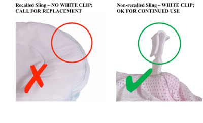 Recalled tubs have fabric slings without a white plastic clip