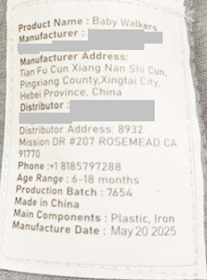 "Production Batch: 7654" on tracking label under the seat