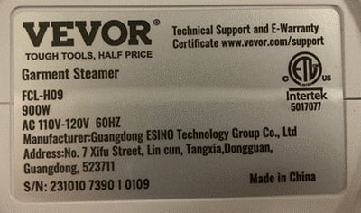 Label on underside of recalled VEVOR Garment Steamer