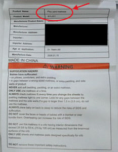 "Product Model: BYL001" is printed on a label inside the cover of the recalled Voomf play yard mattresses