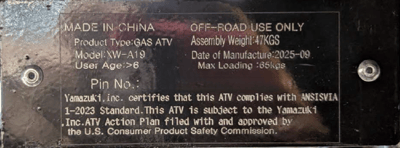 "Model: XW-A19" is printed on the identification plate of the recalled Yamazuki youth ATVs sold under the QEASET or HOVERHEART brands