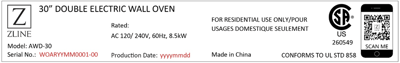 Label information of recalled ZLINE oven