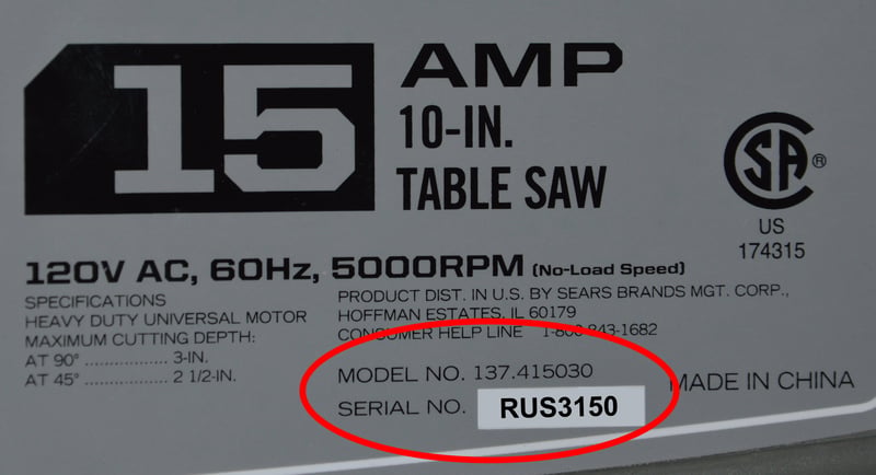 Close Up of Model &  Serial Numbers Circled
