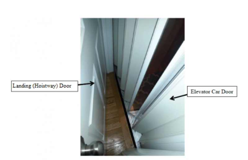 Residential Elevator with Space Between the Exterior Landing (Hoistway) Door and Interior Elevator Car (Accordion) Door. A young child can become entrapped if there is a hazardous gap between the doors.