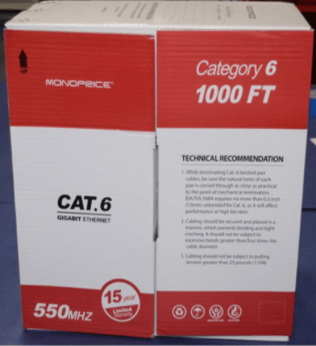 Recalled Monoprice Category 6 Ethernet Bulk CMR Communications Cables box