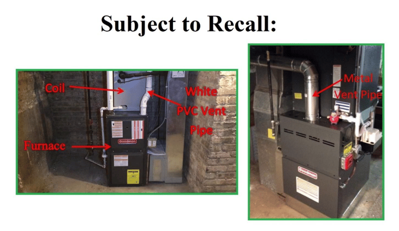 Furnace configurations for recalled evaporator coil drain pans showing an up-flow coil configuration