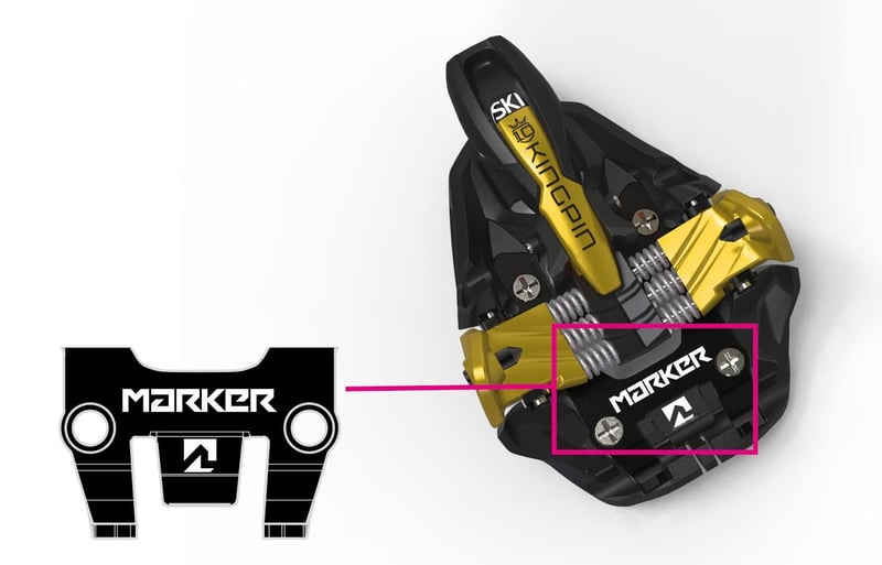 Recalled ski binding in gold, sold with or without Marker branding in the highlighted area.