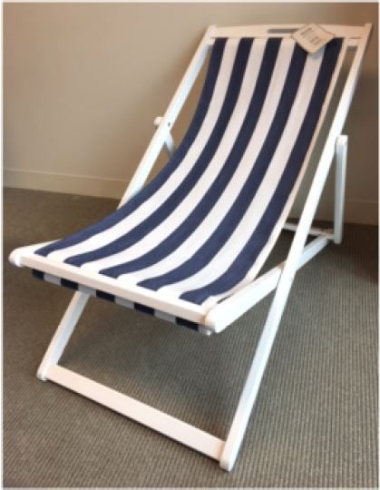 T.J. Maxx and Marshalls foldable lounge chair with white and blue stripe fabric