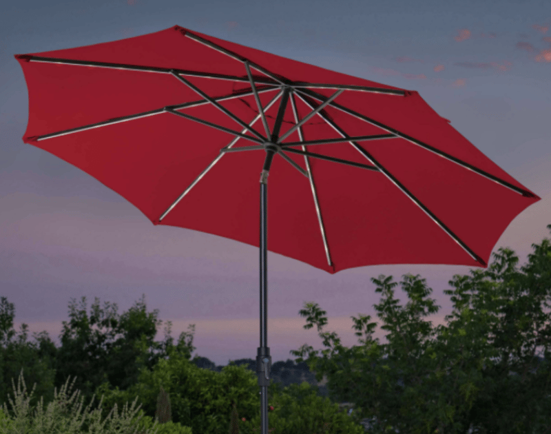 The recalled 10-foot Solar LED Market Umbrella with LED lights on the arms of the umbrella