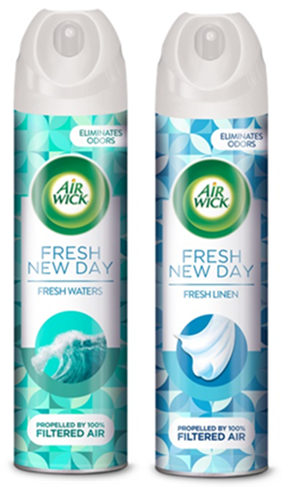 Recalled AirWick Fresh New Day air freshener in Fresh Waters (left, green and white label) and Fresh Linen (right, blue and white label) fragrances in 8oz aerosol cans