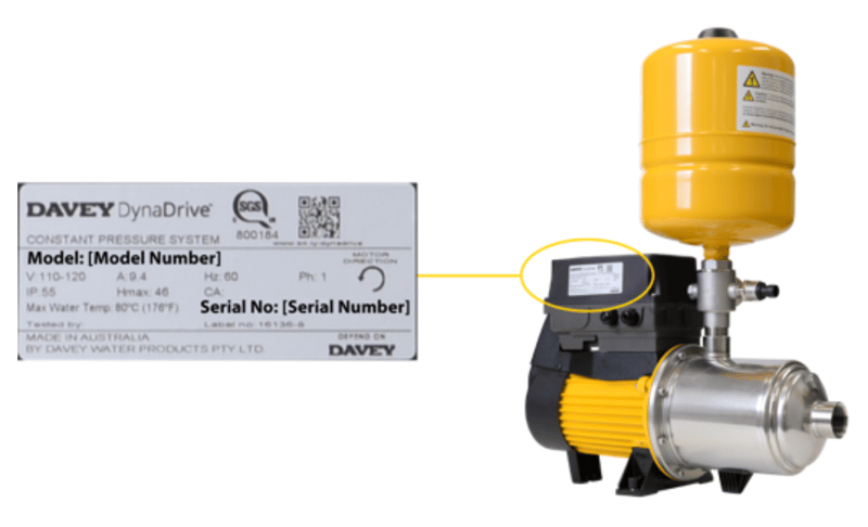 Recalled Davey DynaDrive Pump with model number location