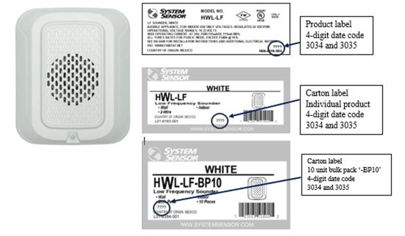 Recalled System Sensor L-Series Low Frequency Fire Alarm Sounders Model #s HWL-LF and HWL-LF-BP10 (White) showing product label and carton label