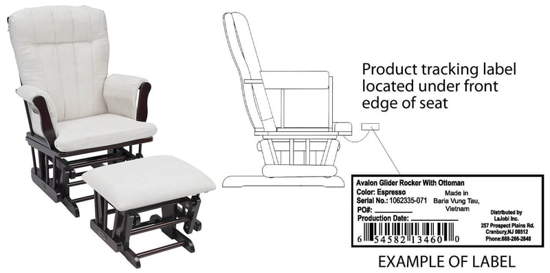 Avalon Glider Rocker with ottoman and label