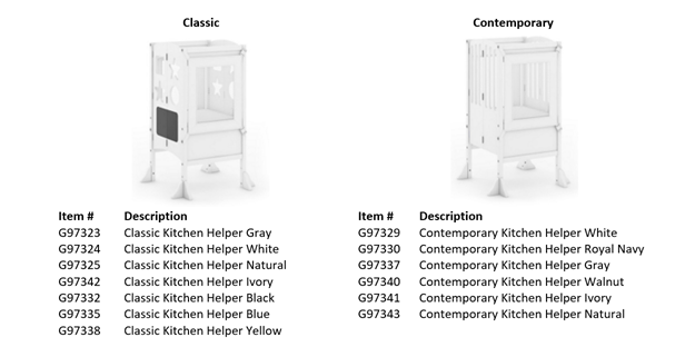 Recalled Guidecraft Kitchen Helper Towers Item Numbers -printed on the foil sticker on the bottom of the platform