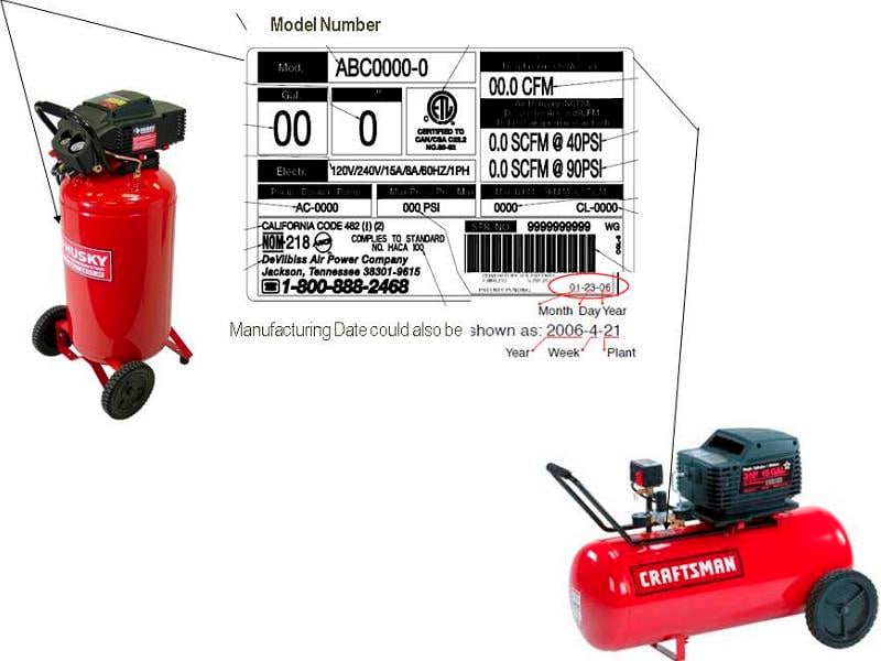 Location of model number and manufacture date on Husky and Craftsman brand air compressors