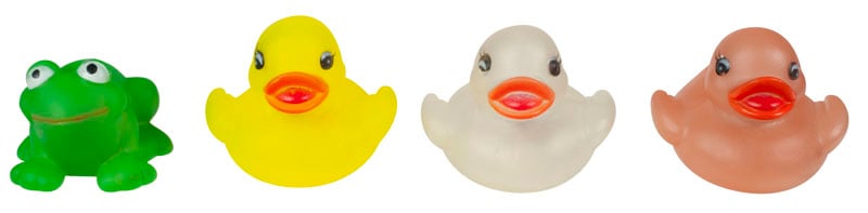Recalled yellow, clear and pink ducks and green frog