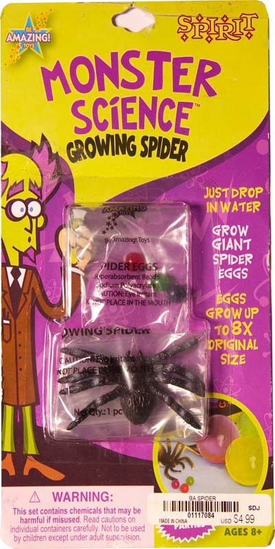 Front side of the Monster Science Growing Spider with monster “spider eggs” packaging. The eggs are water-absorbing polymer balls that can grow to eight times their original size. Products sold by Target and Cracker Barrel do not have the “Spirit” name on