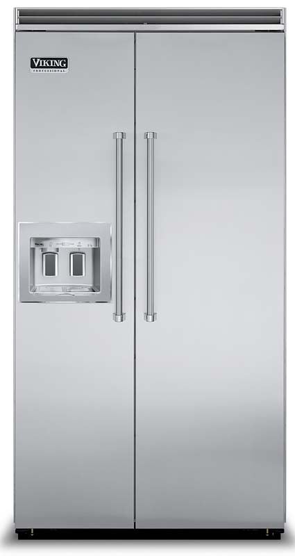 42 and 48 inch Viking built in side by side refrigerator freezers with in door dispensers
