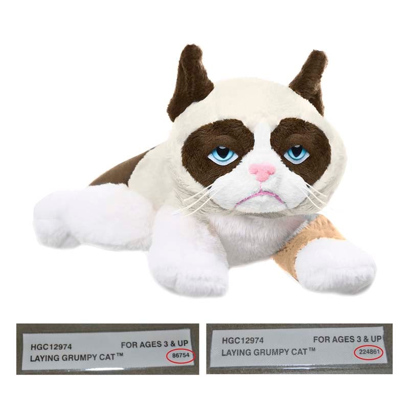 Grumpy Cat Laying 8”.  Red circle indicates location of batch number on the sewn-in-label.