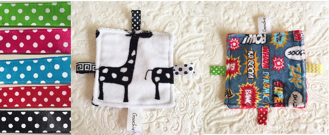 Samples of Sensory Grab Garbs Blanket with Colored Polka Dot Ribbon Tags