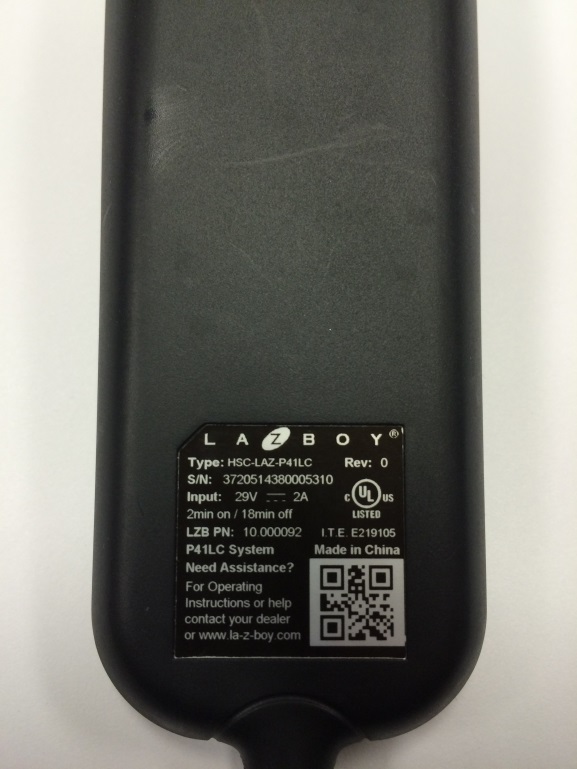 Label on Back of Control Wand for La-Z-Boy Silver Luxury Lift Chair