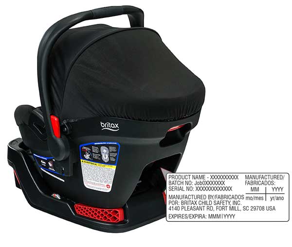 Location of model number on Britax B-Safe 35 and B-Safe 35 Elite Car Seat/Carriers