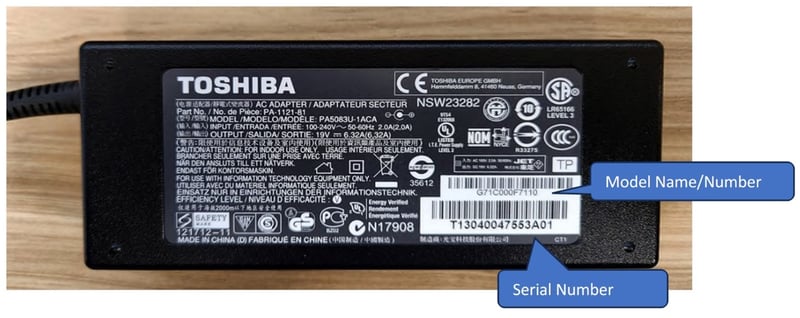 Recalled Toshiba AC Adapter with model name/number and serial number location