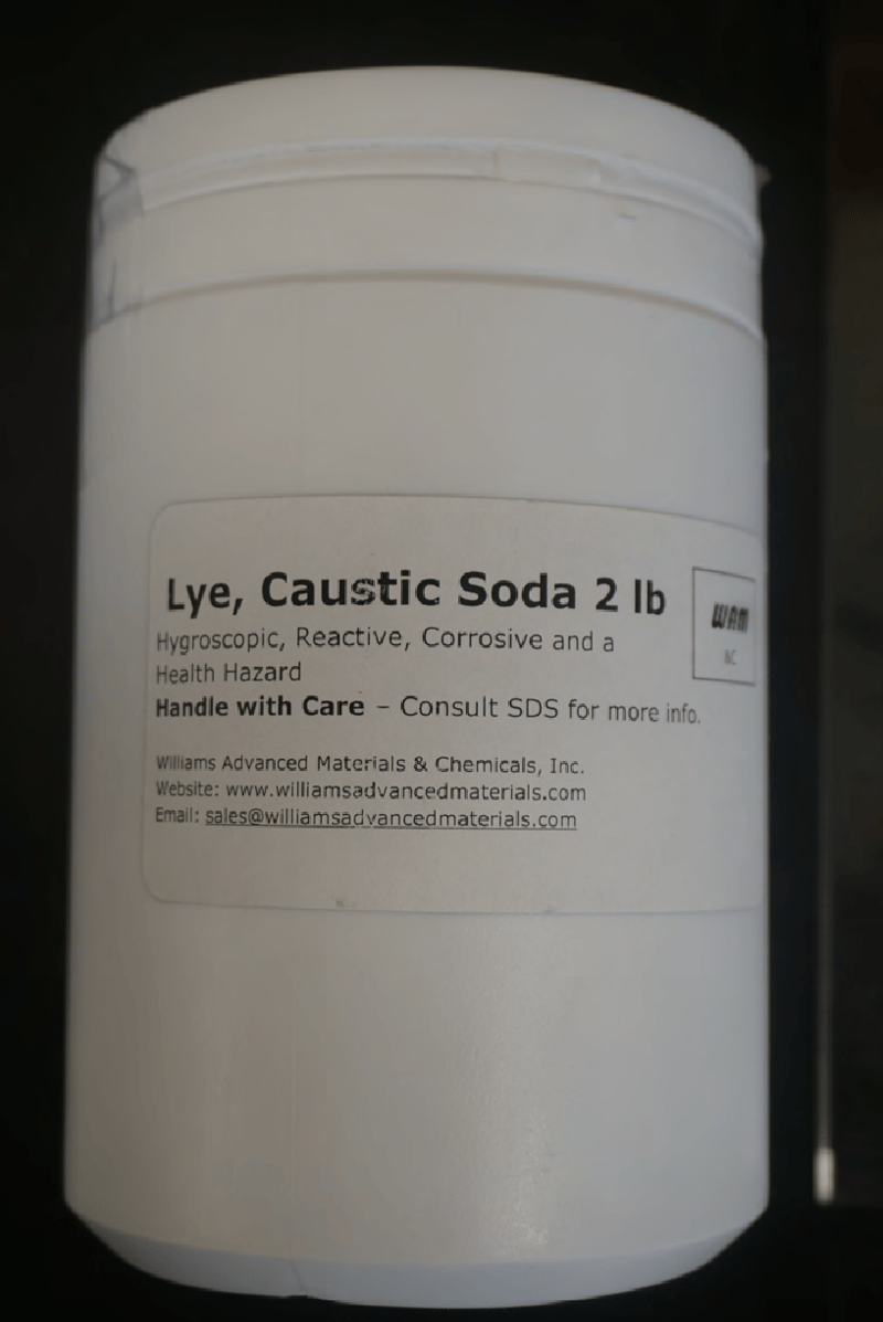 Recalled Williams Advanced Materials & Chemicals - Sodium Hydroxide (Lye, Caustic Soda) jar