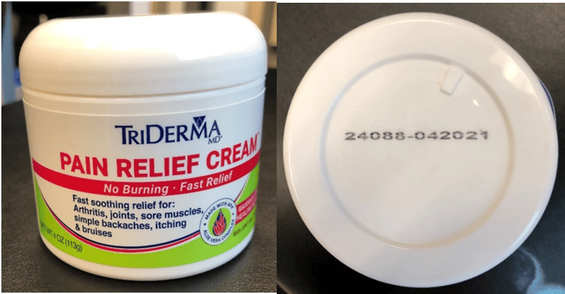 Recalled TriDerma Pain Relief Cream with Lidocaine in 4 ounce jar