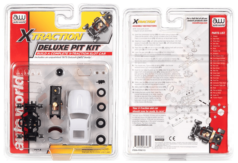 Recalled Auto World XTraction Deluxe Pit Kit with 1973 Datsun 240z Body, Item# TRX 113, UPC Code: 8-49398-06563-1, Date Code: 06/15/23CH1