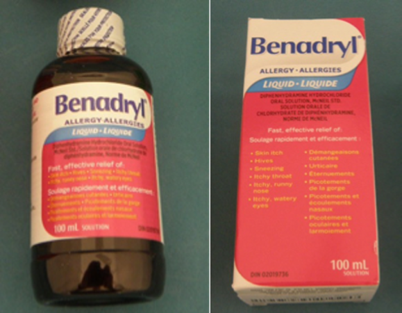 Recalled Benadryl Liquid Elixir, 100 mL bottle and paper box with "X003VRIGUL" on the label