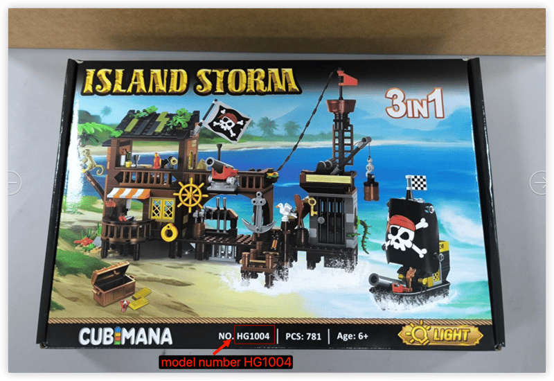 Recalled Cubimana Pirate Ship Building Set box with model number (front)