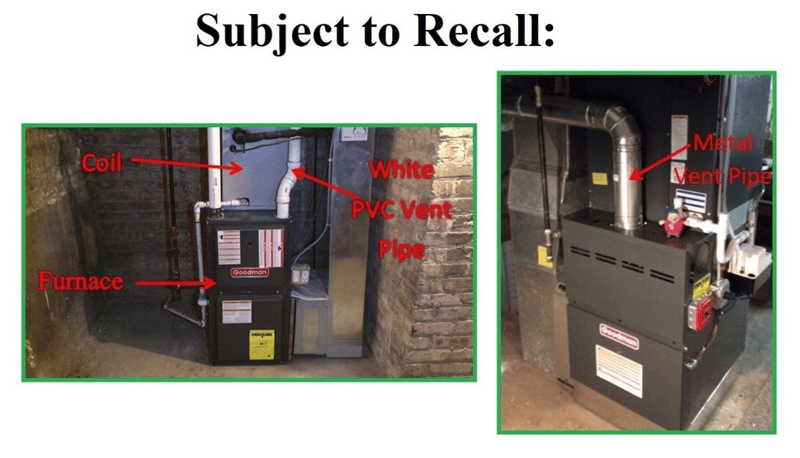 Furnace configurations for recalled evaporator coil drain pans showing an up-flow coil configuration