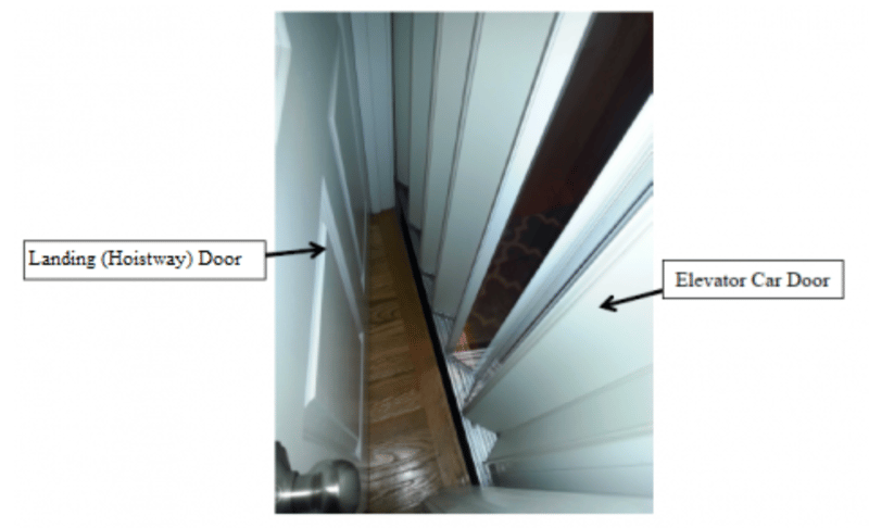 Residential Elevator with Space Between the Exterior Landing (Hoistway) Door and Interior Elevator Car (Accordion) Door. A young child can become entrapped if there is a hazardous gap between the doors.