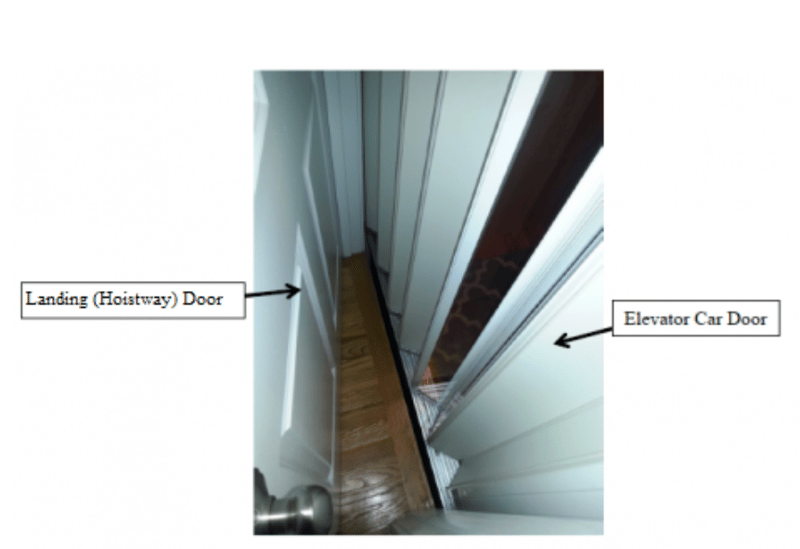 Residential Elevator with Space Between the Exterior Landing (Hoistway) Door and Interior Elevator Car (Accordion) Door. A young child can become entrapped if there is a hazardous gap between the doors.