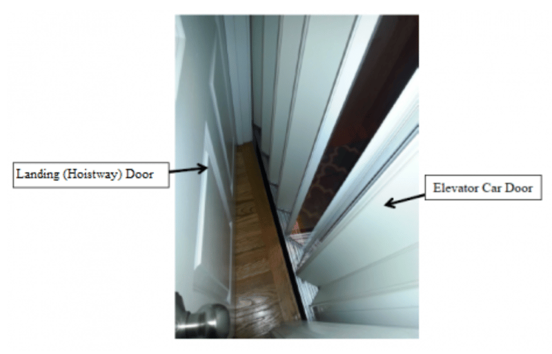 Residential Elevator with Space Between the Exterior Landing (Hoistway) Door and Interior Elevator Car (Accordion) Door. A young child can become entrapped if there is a hazardous gap between the doors.