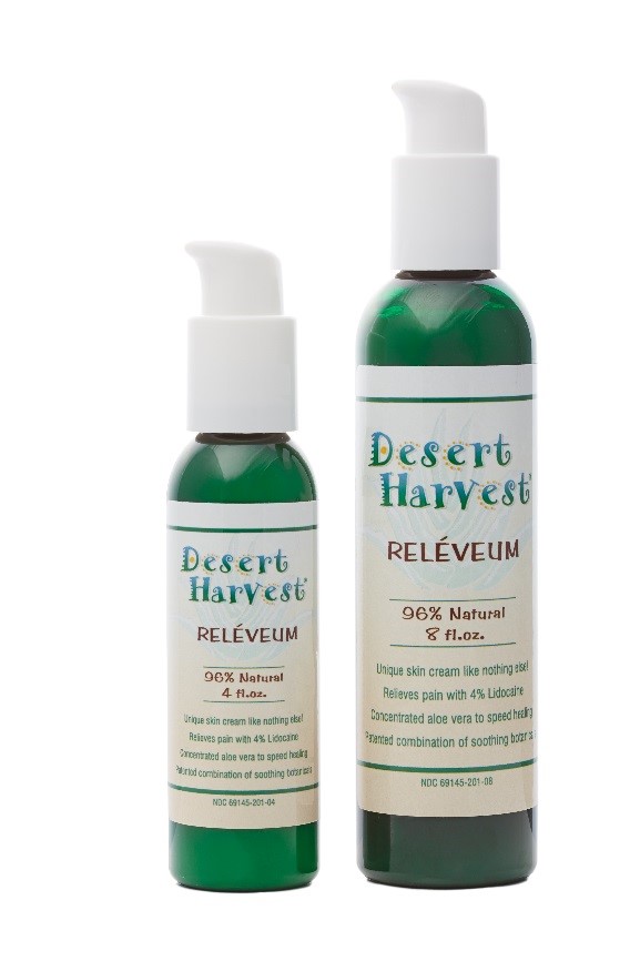 Desert Harvest Reléveum, 4 ounce bottle (left) and 8 ounce bottle (right).
