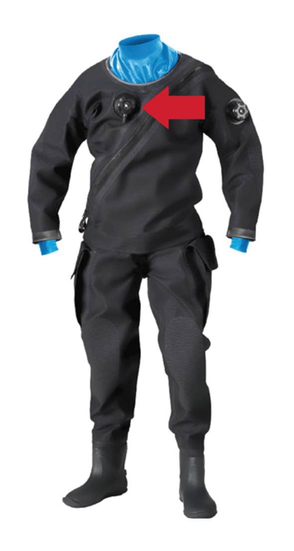 Location of the recalled Shell Diving Inflation Valve on the Dry Diving Suit