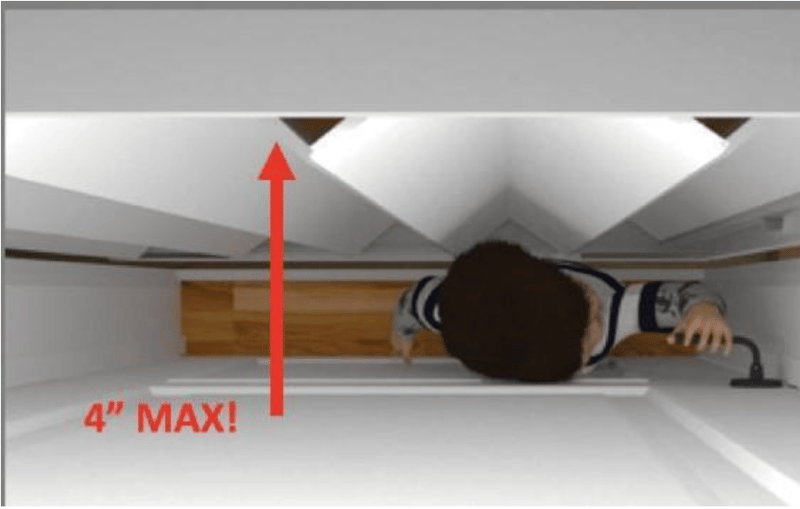 Example of the space between the exterior hoistway door and interior elevator car gate without a safety device/space guard
