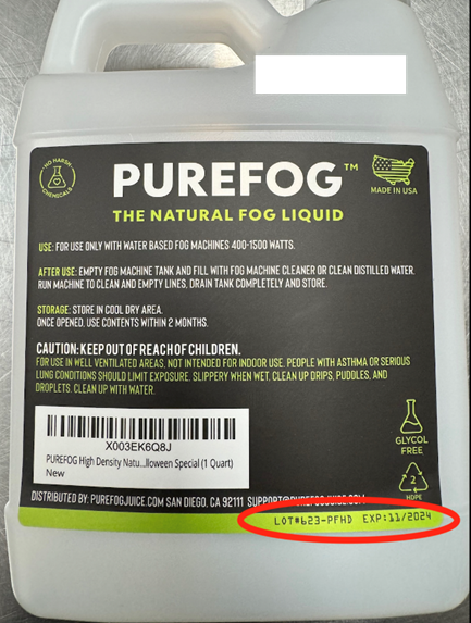 Recalled Purefog High Density Natural Fog Juice Liquid (model and lot number location)