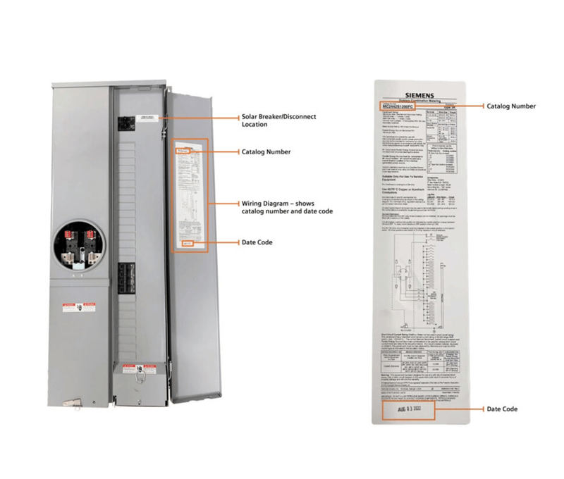 Recalled Siemens SolarReady Meter Combo and inside panel label