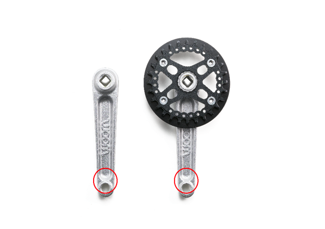 The recalled cranks have no space between the well with the woom logo and the pedal thread